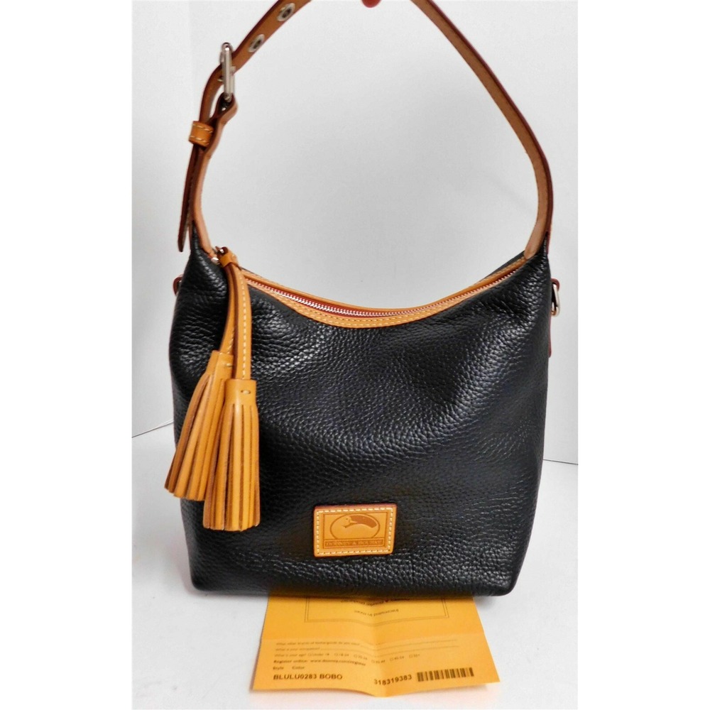New Dooney & Bourke Black Pebbled Grain Leather Tan Trim Hobo Shoulder‎ Bag